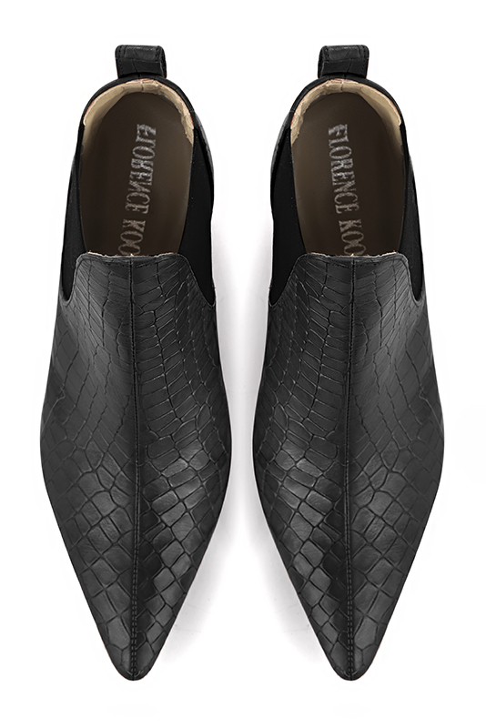 Women's satin black and matt black elegant Chelsea ankle boots, with side elastics. Tapered toe. High cone heels - Top view